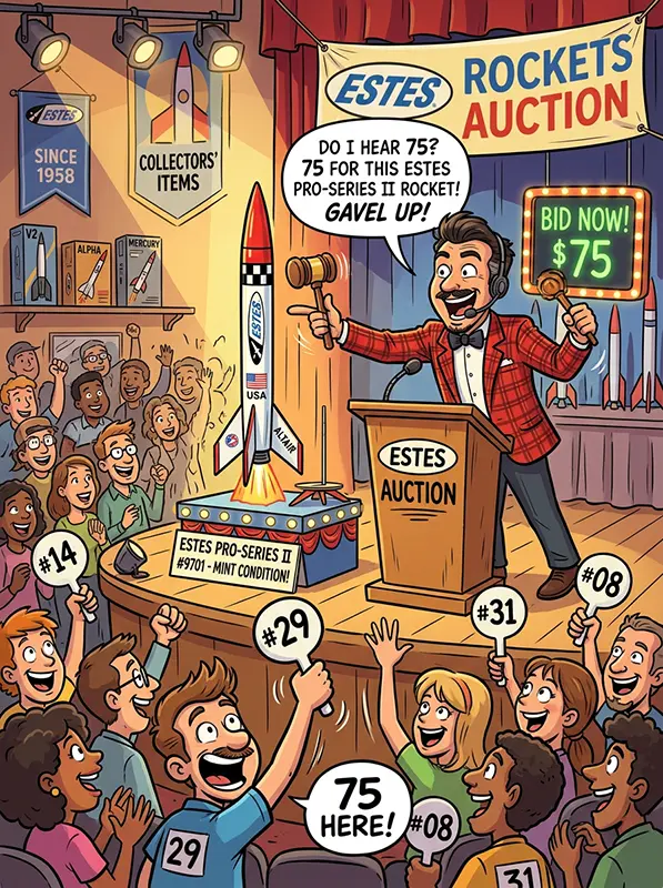 Cartoon of a rocket being auctioned.