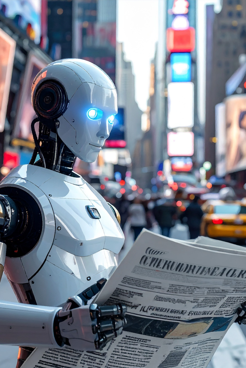 A robot reading a newspaper.