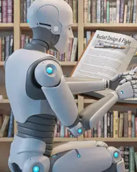 A robot reading a book about rockets.