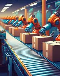 Robots packing shipping boxes.